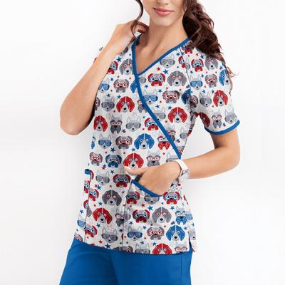 China 2021 New Printed Hospital Women's Workwear For Nurses Pocket V-collar Short-sleeve Uniform Europe And USA Summer Jacket for sale