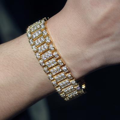 China Trendy Minimalist Hip Hop 18k Zircon 15mm Cubic Zircon 15mm Link Chain Bracelet Gold Plated Cuban Men's Bracelet for sale