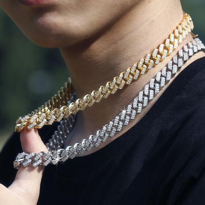 China Hiphop 14.5mm Iced Out Bracelet Men's Copper Necklace Hiphop Jewelry Miami Gold Color Trendy Geometric Cheap Link Chain Necklace for sale