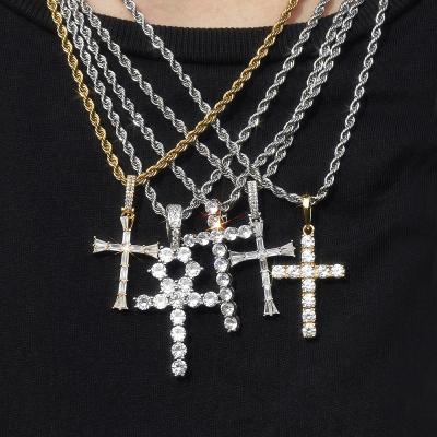 China Hiphop Hip Hop Women Men Cuban Link Diamond Cross Necklace Gold Plated Choker Jewelry Iced Out Cross Necklace for sale