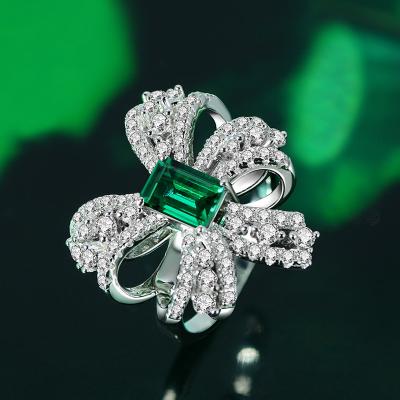 China 925 RING 925 Sterling Silver Bow Ring from Sterling Silver Emerald Ring 2021 New Full Diamond Emerald Classic Vintage Women Luxury for sale