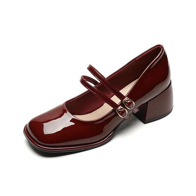 China A simple female square head design small word buckle Mary Jane shoes red wine red wine shallow mouth spring and a 2023 summer new French style Th for sale