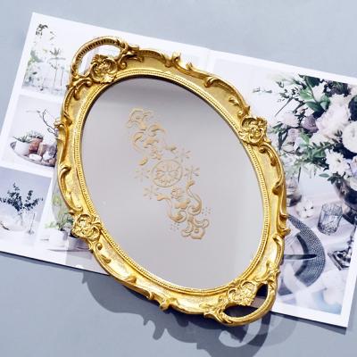 China European Custom Hotel Decoration Gold Style Serving Mirror Square Antique Jewelry Resin Home Fruit Tray For Wedding HY16206 for sale