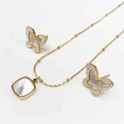 China Hypoallergenic Shell Zircon Dubai Initial Necklace Butterfly Earring Pearl Jewelry Set 14k Gold Stainless Steel Fashion Women Accessories for sale