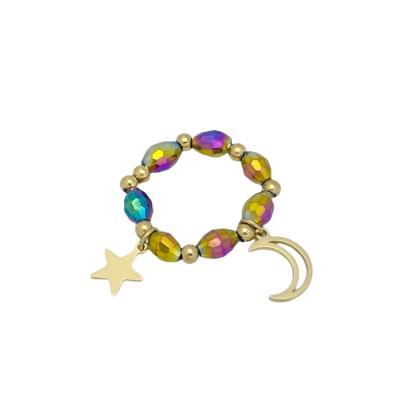 China Classic Classic Folk Style Chain Colorful Star Moon Shape Charms 14K Gold Plated Stainless Steel Bead Ring for sale