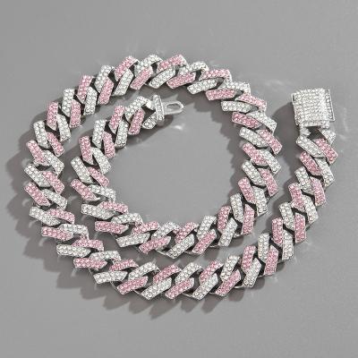 China High Quality Hot Selling Pink Iced Out Cuban Choker Chain Necklace Stainless Steel For Man Jewelry Cuban Link Necklace With Me for sale