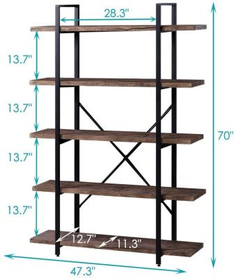 China (Size) 5-Shelf Adjustable Industrial Shelf, Open Bookcase With Rustic Metal Frame Book Shelves Storage Display Shelves for sale