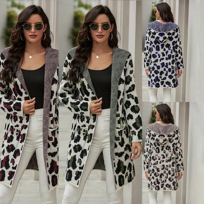 China Anti-wrinkle women's winter leopard print wool warm long cardigans with hoodie for sale