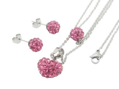 China Silver Heart Pendant Necklace Stainless Steel Jewelry Set With Disco Ball Stud Earrings for sale