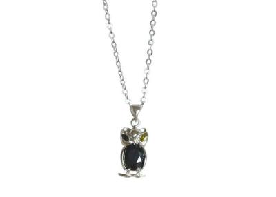 China Rhodium Plated Jet CZ Sterling Silver Charm Necklace In Mini Owl Shape for sale