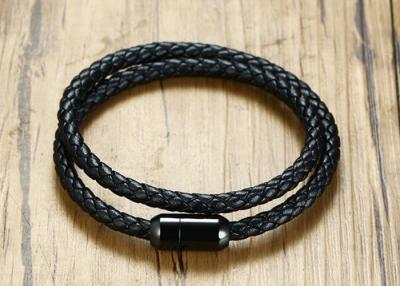 China Double Woven Genuine Leather Clasp Bracelet 39CM Stainless Steel Black IP Plated Magnet Buckle for sale