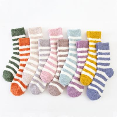 China QUICK DRY Coral Fleece Does Not Fall Off Stripes Ladies Winter Cozy Socks Thickened Half Fleece Sleep Socks for sale