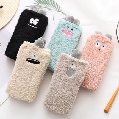 China QUICK DRY Cartoon Monster Small Coral Fleece Sleeping Socks Stereo Ear Embroidered Hot Women's Socks for sale