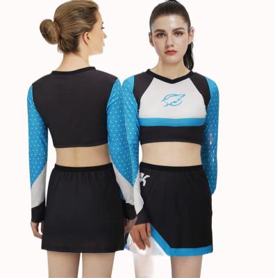 China Quick Dry Good Quality School Youth Cheerleading Uniforms Sexy Cheer Practice Wear Long Sleeve Crop Top with Mini Skirt Set for sale