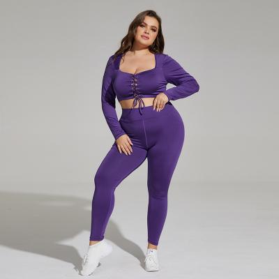 China Breathable 2 piece High Quality Hollow Out Breathable Sports Workout Set Plus Size Long Sleeve Fitness leggins Yoga Sets For Women for sale