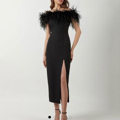 China Long Dress Breathable Black Feather Plus Size Women Dress Off The Shoulder Even Summer Dresses With Feathers for sale