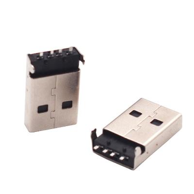 China 180 Degree SMT Male Iron USB 2.0 Male A Black Plated Copper Type Right Angle USB PCB Connector Socket for sale