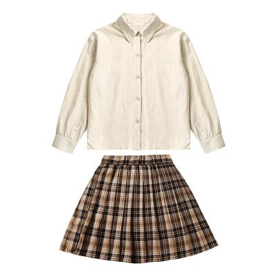 China Polyester fiber tie design fashionable detachable long sleeve shirt plaid pleated skirt girl's casual suit for sale