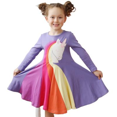 China Pure color 2021 new season kid's long dress rainbow embroidery dress princess cartoon animals dress girls for sale