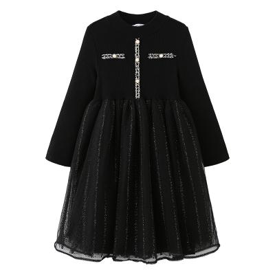 China Retro Nylon Black Round Gold Cotton Core Neck Silk Mesh Button Stitching Long Sleeve Girls Dress for sale