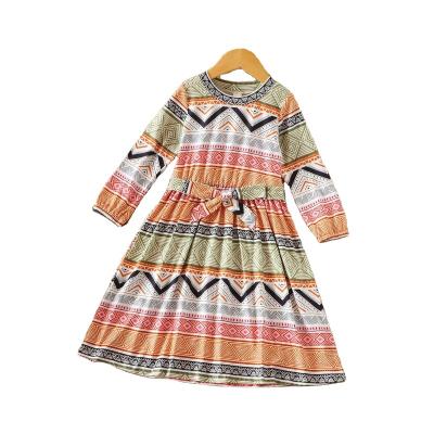 China Europe and the United States 2021 European and American girl scout border irregular geometries long sleeve dress including belt girls dress for sale