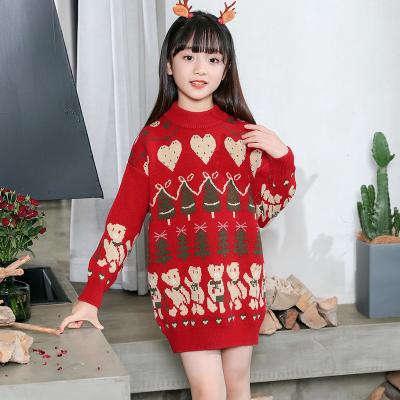 China High quality autumn and winter girls use children's sweaters front stop line Christmas sweater patterns children's clothing long animal sweater dress for sale