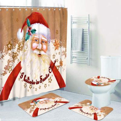 China Viable Christmas Santa Claus Bathroom Shower Curtain Mat Set Waterproof 3 Piece Toilet Cover Mat Non Slip Rug Shower Curtain Decorative for sale