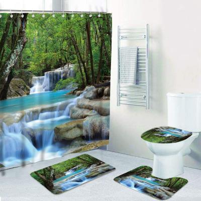 China Hot Sustainable Fashion Resistant Waterproof Tropical Landscape Trees Waterfall 3d Print Bath Shower Curtains With Bathroom Covers Set Washable for sale