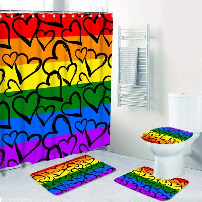 China Sustainable 5piece Love Is Love Color Rainbow Anime Image Polyester Bathroom Bath Set Waterproof 100% Shower Curtain And Cover Set for sale