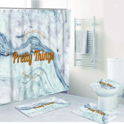 China Sustainable 4 Piece Marble Shower Curtain Sets Natural Marble Texture With Non-Slip Bathroom Cover Toilet Lid Cover Bath Mat And 12 Hooks for sale