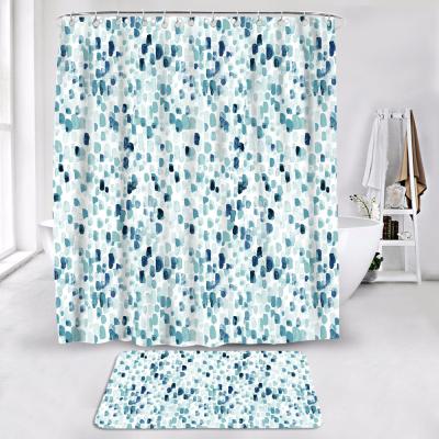 China Sustainable BLUE DOT Polyester Shower Curtain Set Bathroom Cover Curtains Waterproof Funny Colorful With Standard Size Bath Mat Set With Hook for sale