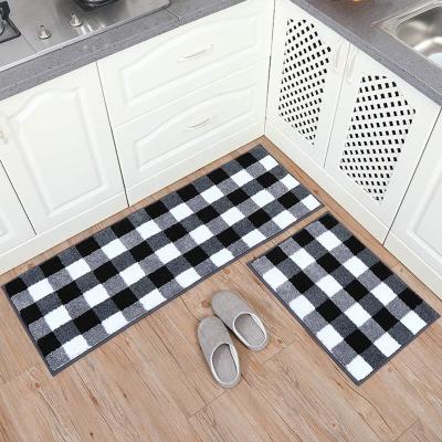 China Washable 2 Pieces Buffalo Plaid Check Blanket Set Kitchen Blanket Non Slip Floor Mat Checkered Doormat Carpet Water Absorb Microfiber for sale