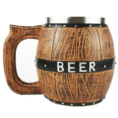 China 450ml/550ml oak barrel texture beer cup wall beer cup viable hot creative simulation wooden barrel style beer double cup wooden metal for sale