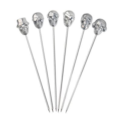 China Contemporary Wholesale High Quality Drink Stirring Sticks Bar Tools Creative Reusable Needle Stainless Steel Skull Martini Cocktail Picks for sale