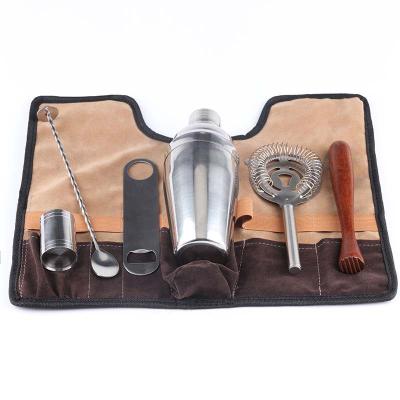 China Viable Portable Bartender Kit Bag Metal Cocktail Shaker Home Cocktailset Bar Tools Set Bartender Kit Professional With Roll Bag for sale