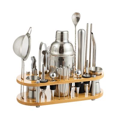 China New Sustainable 23 Pieces Bar Accessories Set Bamboo Rack Bar Tools Drinkware Accessories, Cocktail Shaker Set Jigger /Strainer Barware Rack for sale