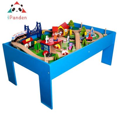 China Slot Toy New Design 88 Pieces Wooden Train Tracks With Table For Children Toys , Scene Simulation Toy For Children for sale