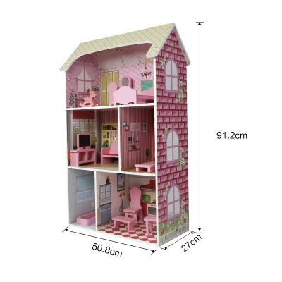 China Funny Pink Wooden Dollhouse Eco Friendly Eco-friendly Material DIY Large Set For Kids for sale