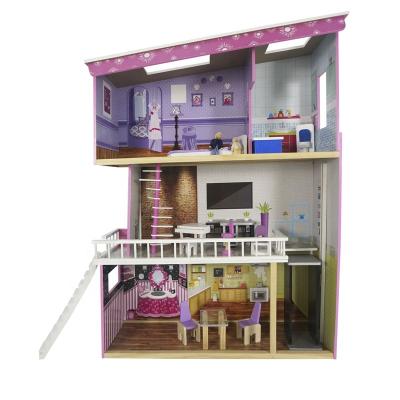 China New Educational Game Model Girls Pretend To Play Wooden Dollhouse With Big Elevator Dollhouse For Kids for sale