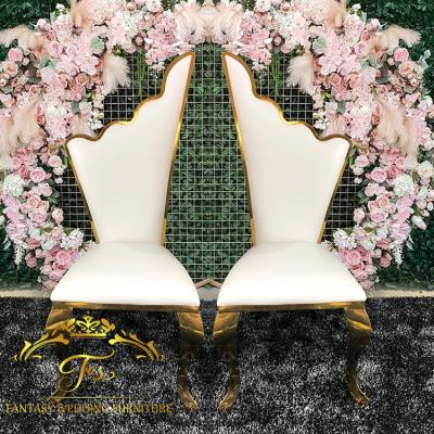 China Stainless Steel Rental Frame Hotel Chair Gold PU Infinity White Leather Wedding Chair for sale