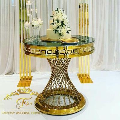 China Hotel / Hotel Furniture Customized Party Used Metal Base Glass Top Cake Table Gold Wedding for sale