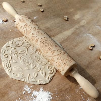 China MJ novelty viable valentine's day rose embossing pin cookie dough roller flower cut out wooden pin for sale