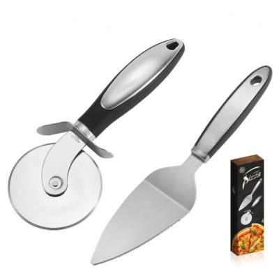 China MJ Roll Stainless Steel Pizza Knife Spatula 2 Piece Workable Holder Round Single Wheel Pizza Knife Spatula Kitchen Tools for sale