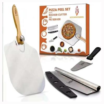 China Stocked Hot Stock Amazon Pizza Cutter Pizza Paddle Set Foldable Aluminum 12x14 Pizza Tools Peel With Wooden Handle Cutter for sale