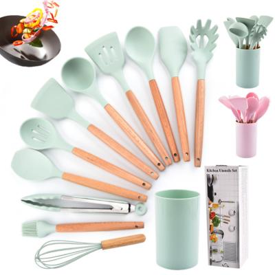 China Sustainable MJ Household Kitchen Baking Baking Tools Heat Resistant Silicone Cookware Set of 12 Pieces Wooden Handle Nonstick Cookware for sale