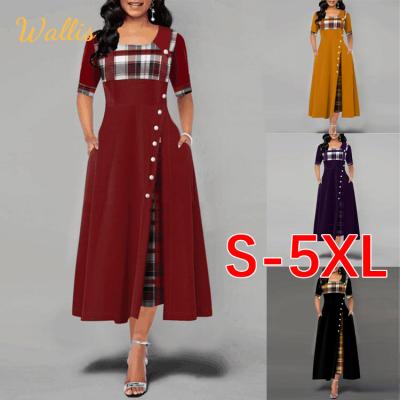 China 2022 Fashion Women's OL Short Sleeve Plaid Maxi Evening Dress Asymmetrical Elegant Casual Dress Breathable Vocation for sale