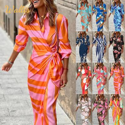 China Spring Summer Spring Fashion Print Dress Breathable V Neck Blouse Mid Length Striped Casual Comfortable Ladies Wear Dresses Elegant Long Dress for sale