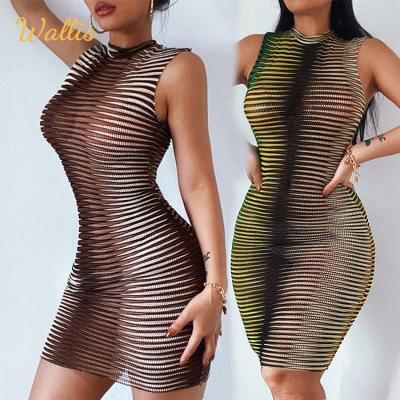 China Summer Fashion Party Club Wear Tight Sleeveless Horizontal Stripe Mini Dress Bodycon Sexy Women Breathable Knitted Female Clothes for sale