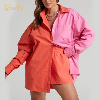 China Summer QUICK DRY Long Sleeve Shirt Lady Casual Oversized Loose Patchwork Suit Women Long Tops Wide Leg Shorts Tracksuit 2 Outfits Set Two Piece for sale