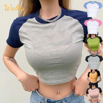 China Breathable Y2K Kawaii Korean Aesthetic Baby Stitches Top Ladies 2020 Tops Short Shirt Blue Pink Cute Patchwork Crop T-shirt for sale